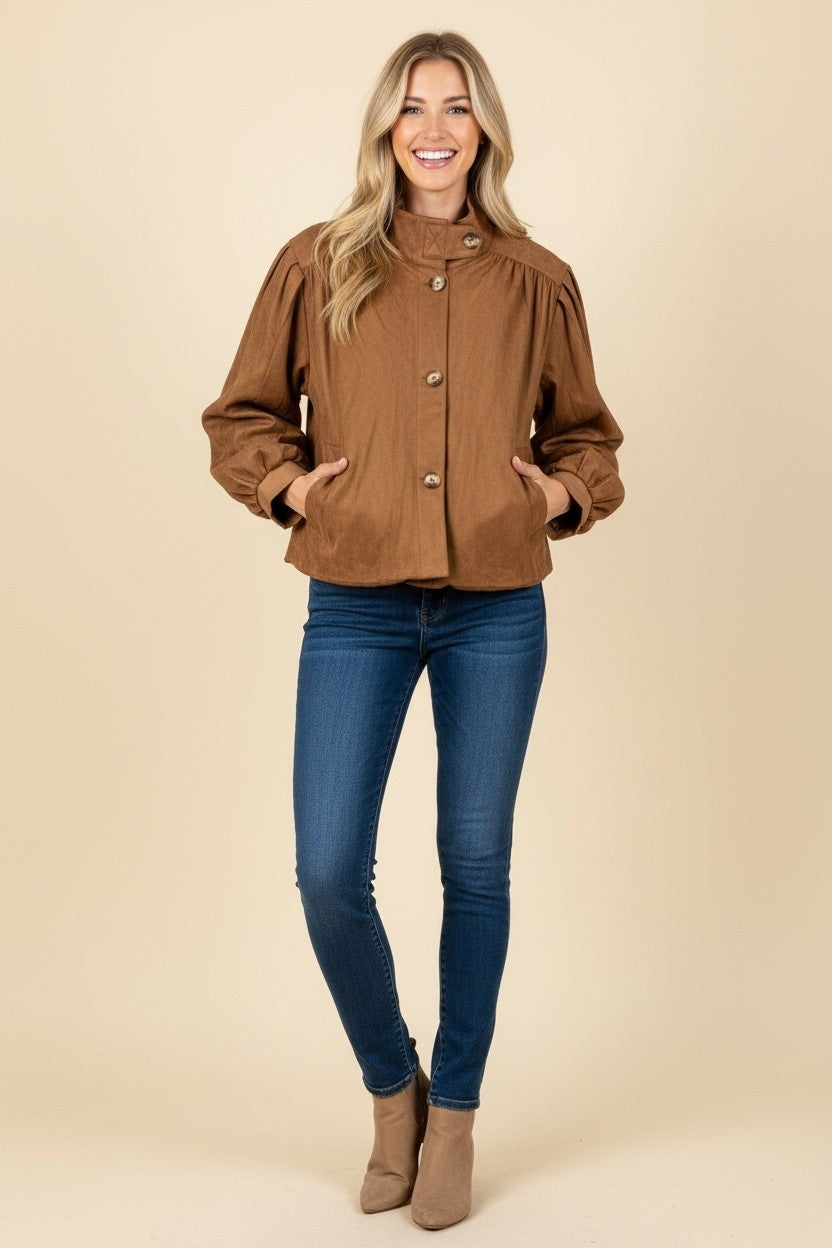 Brown Faux Suede Bubble Jacket (Reg & Plus)