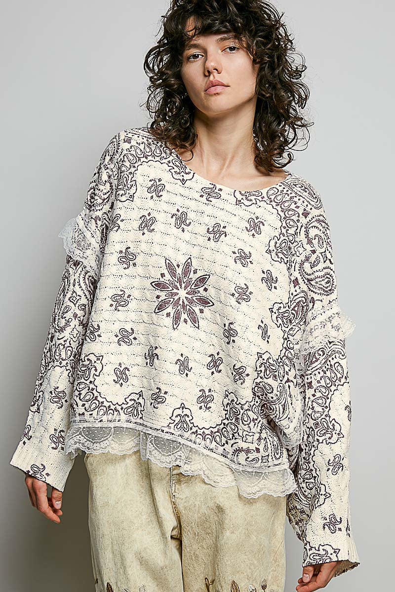 POL Cream/Choco Multi Lace Trim Sweater Top (Reg.)