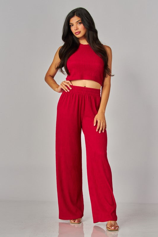 Crinkled Plisse Tank Top & Pants Set (Reg.)-4 Colors