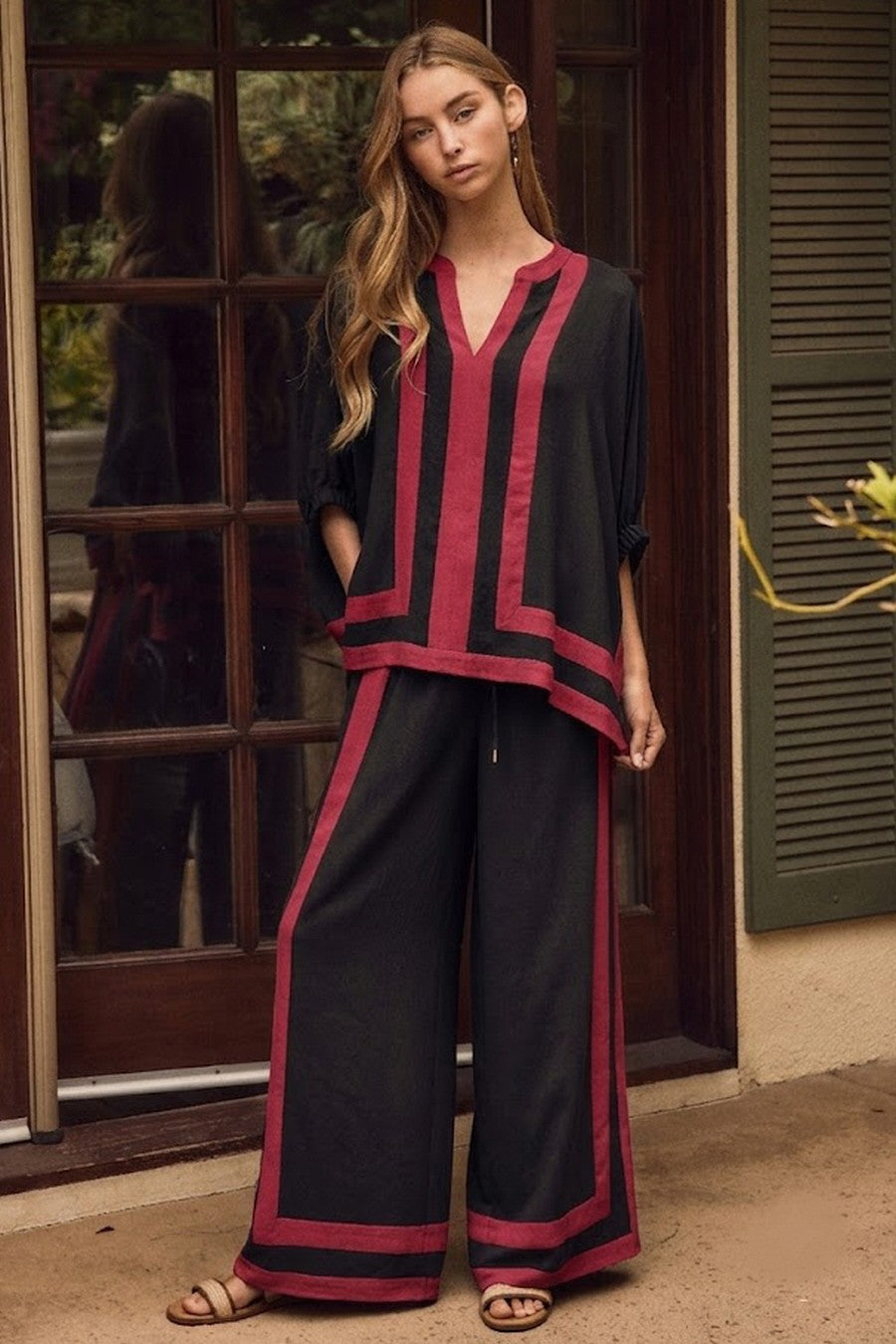 Black Contrast Stripe Top & Pants Set (Plus)