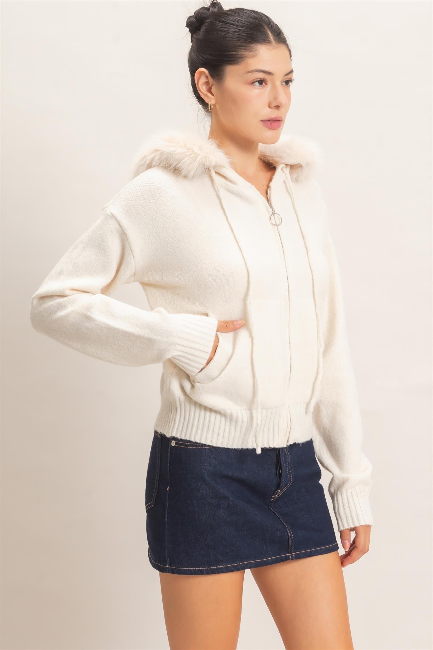 Ecru Fur Trim Zip Up Hoodie Sweater Cardigan (Reg.)