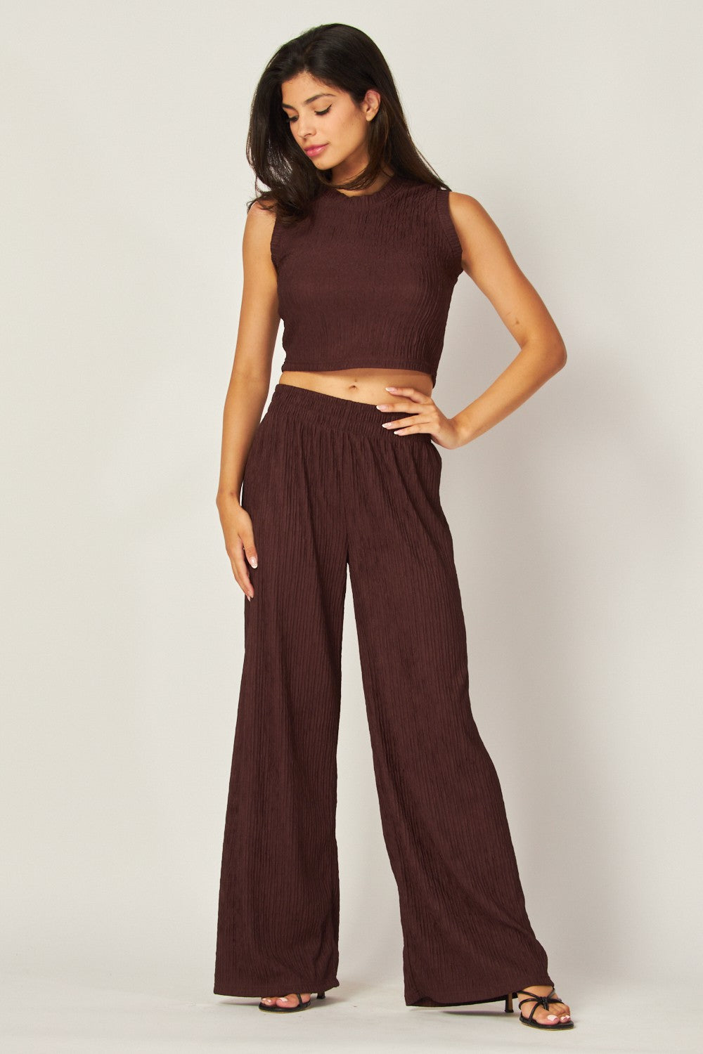 Crinkled Plisse Tank Top & Pants Set (Reg.)-4 Colors