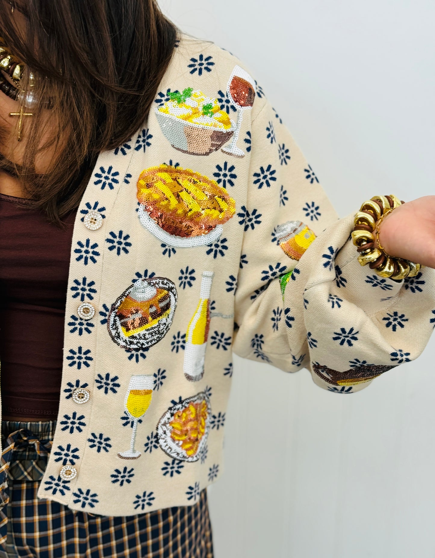 Queen Of Sparkles Ivory Flower Print Thanksgiving Meal Cardigan (Reg. and Plus)
