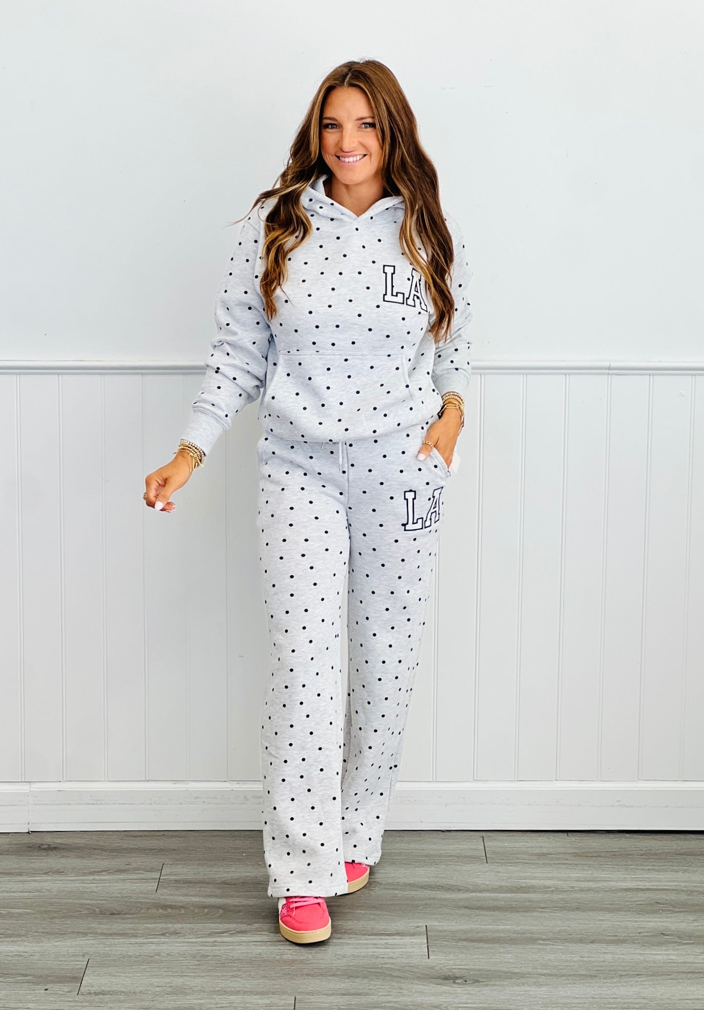 Fleece Polka Dot LA Patch Hoodie Sweatshirt  (Reg.)-2 Colors