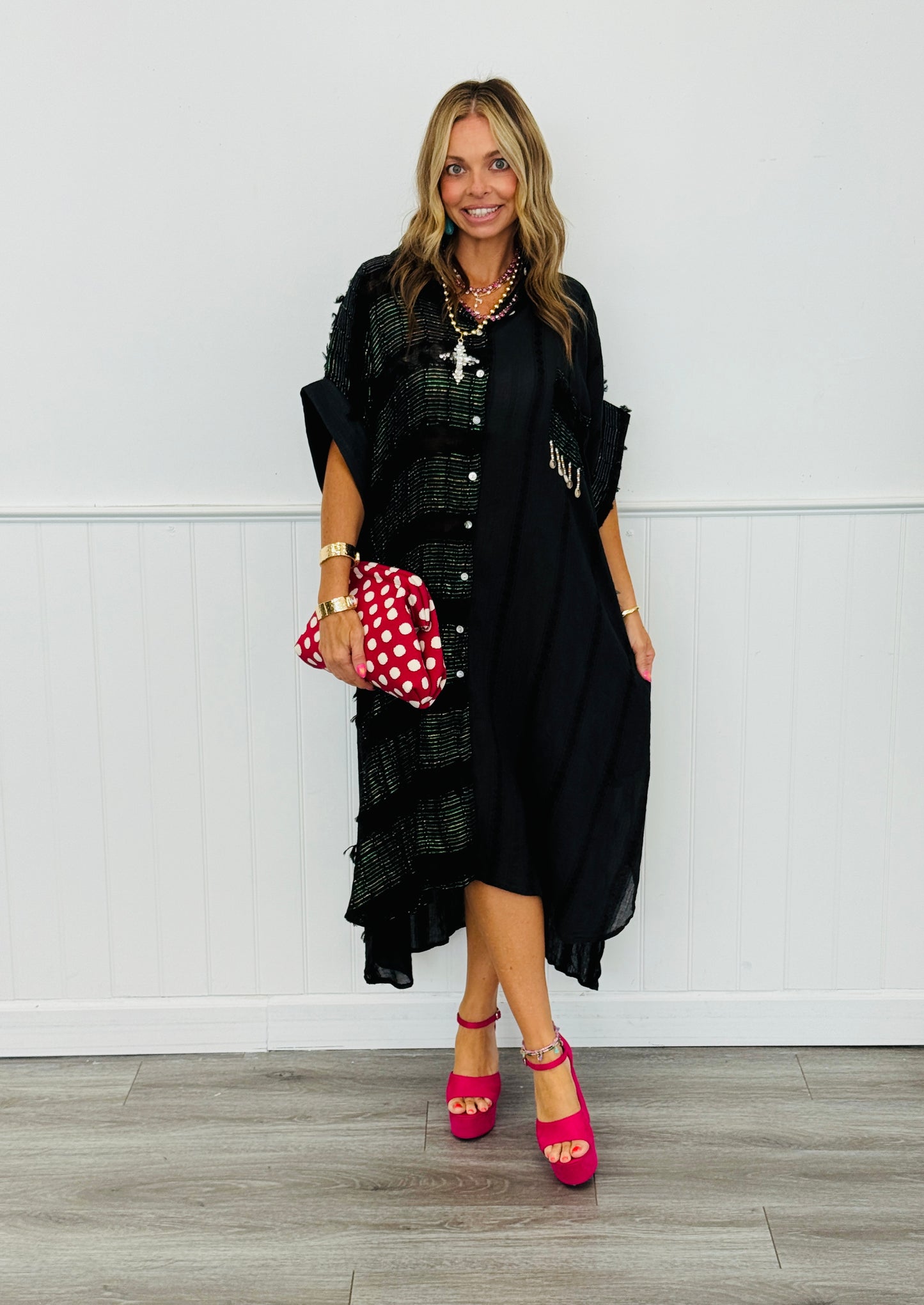 POL Black Textured Midi Shirt Dress (Reg.)