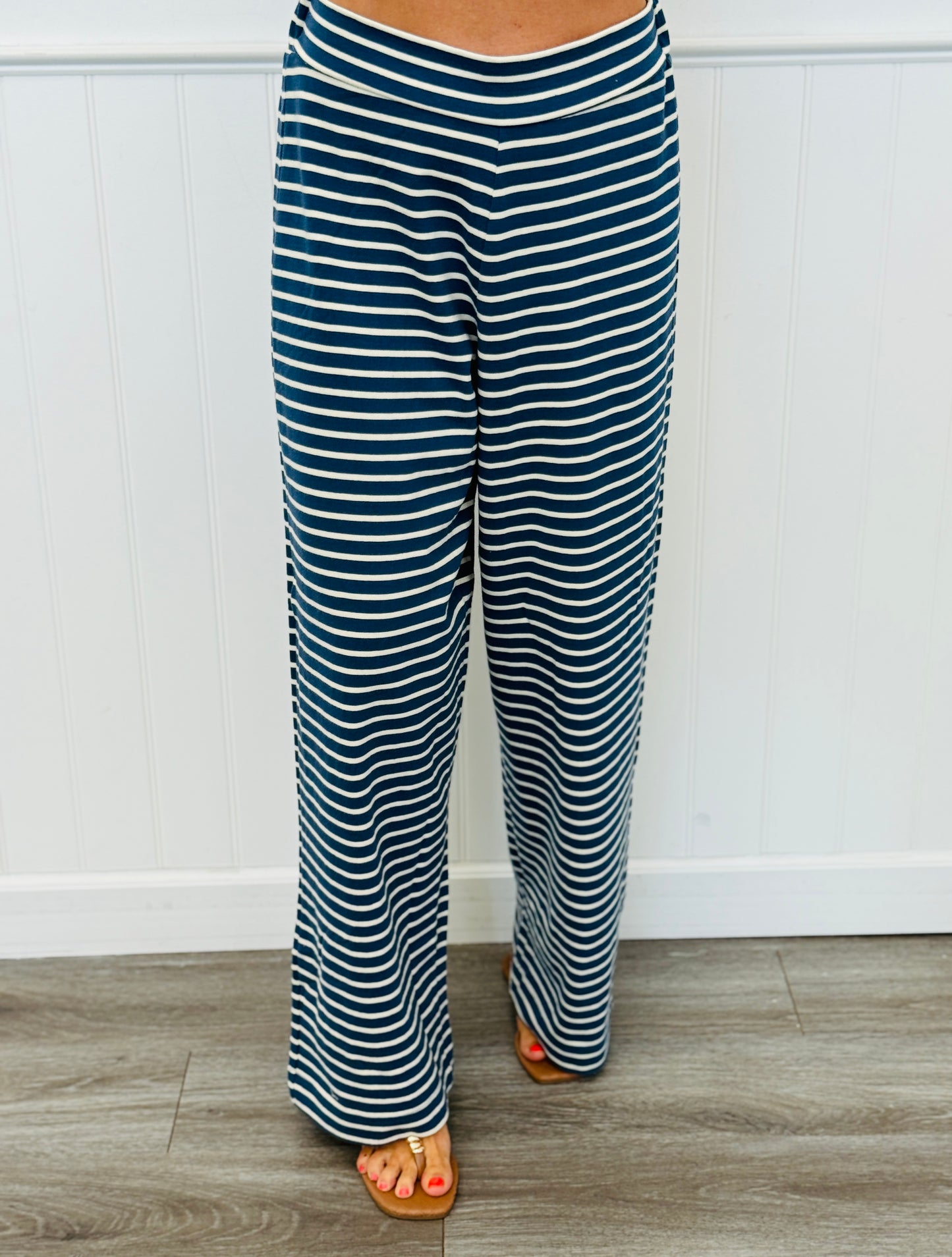 Denim/Cream Striped Slim Tube & Wide Leg Pant Set (Reg.)