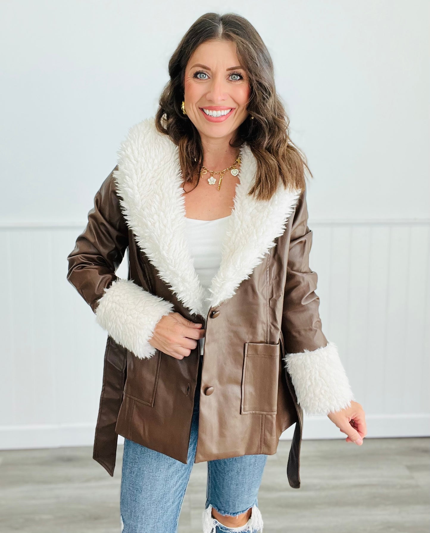 Brown Faux Leather Fur Trim Coat (Reg)