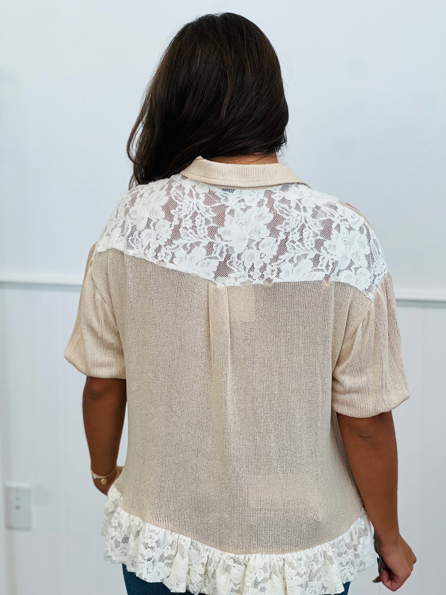 Beige Flower Patch Lace Trim Shirt  (Reg & Plus)