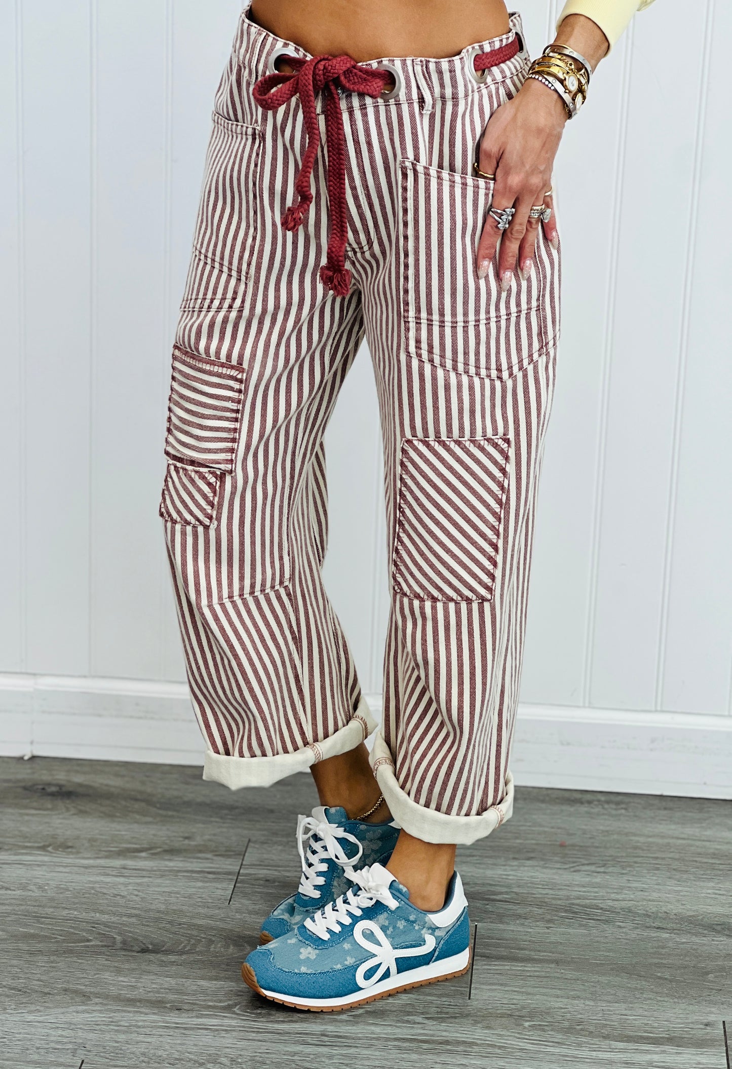 Mocha Brown Striped Twill Barrel Pants (Reg & Plus)