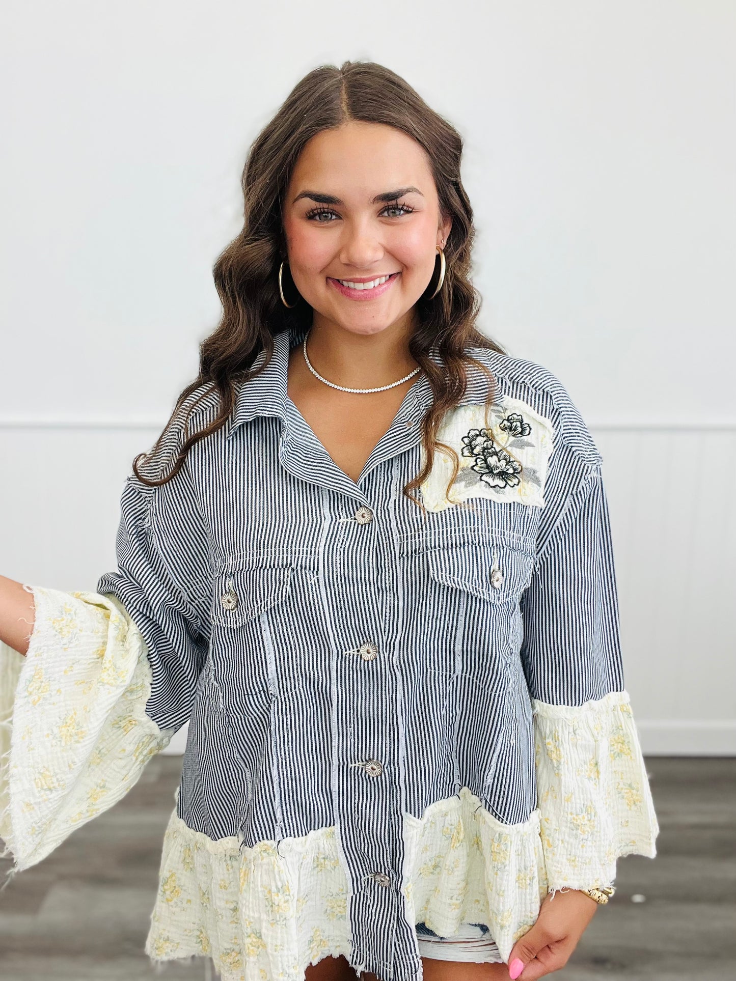 POL Striped Denim Floral Patch Jacket (Reg.)