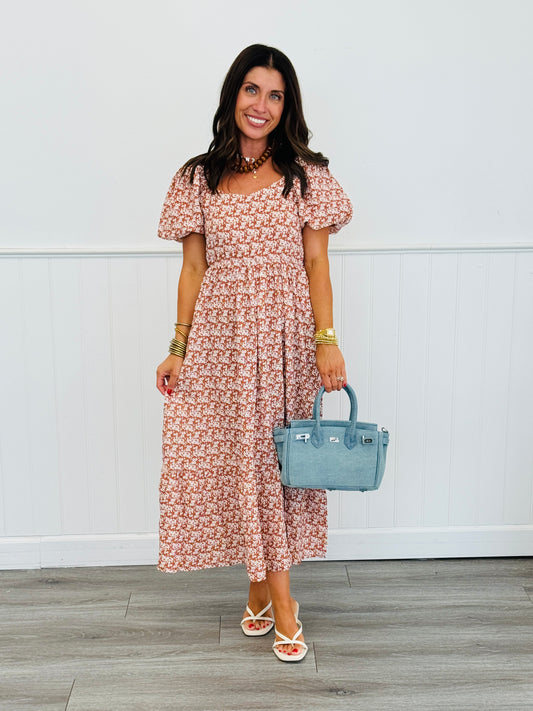 Rust Floral Puff Sleeve Midi Dress (Reg. and Plus)