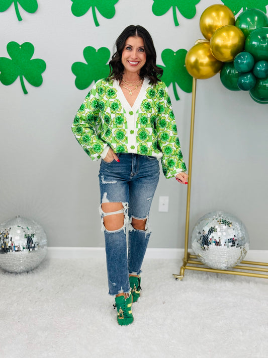 Queen Of Sparkles Checkered Sequin Shamrock Cardigan (Reg. & Plus)