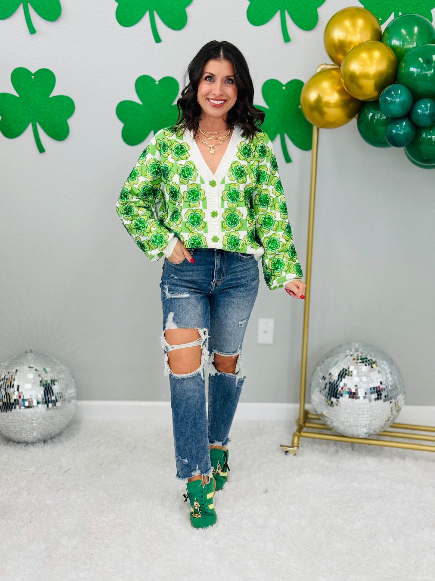 Queen Of Sparkles Checkered Sequin Shamrock Cardigan (Reg. & Plus)