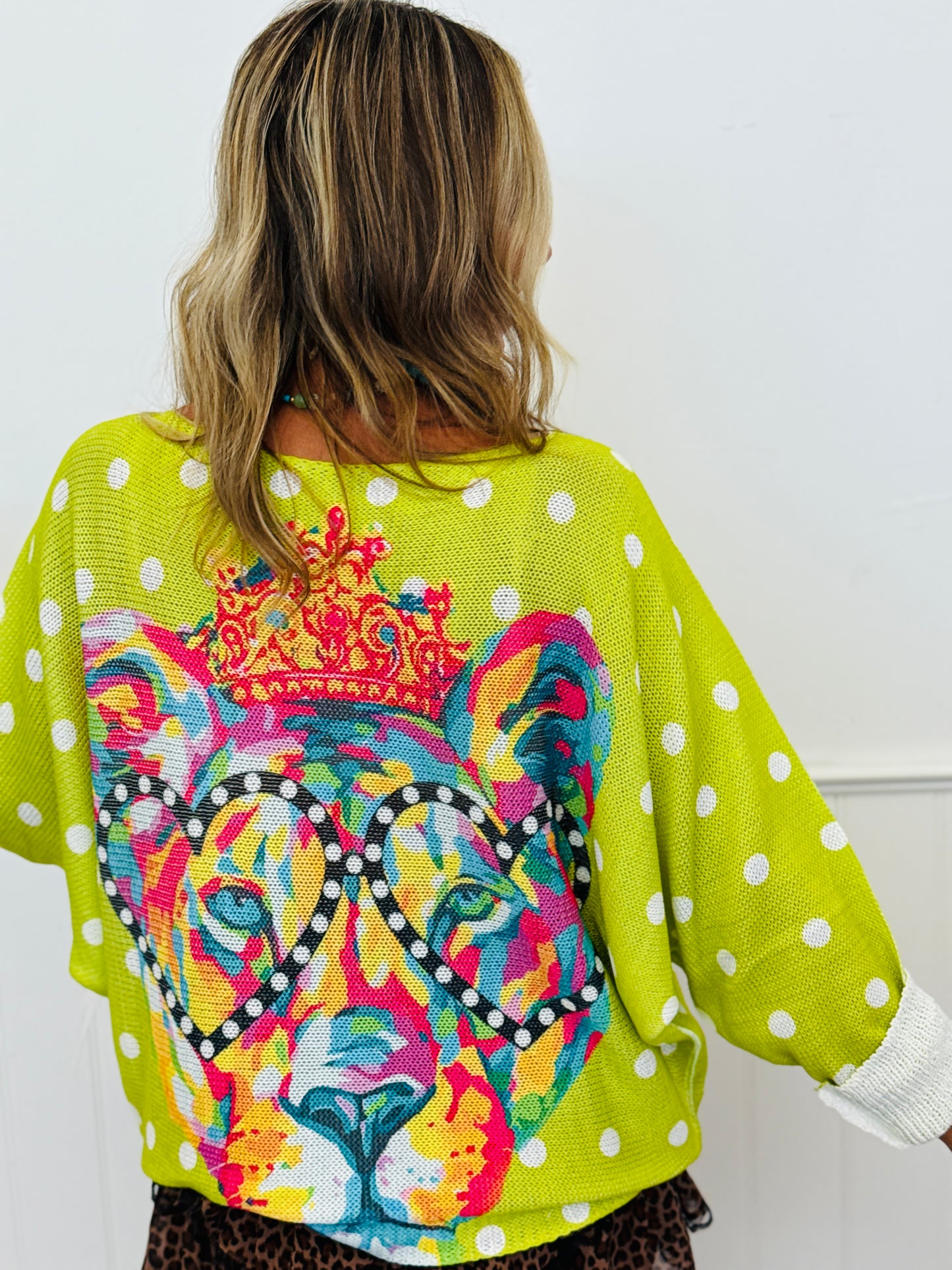 Lime Polka Dot Leopard Crowned & Colorful Pullover Top (One Size)
