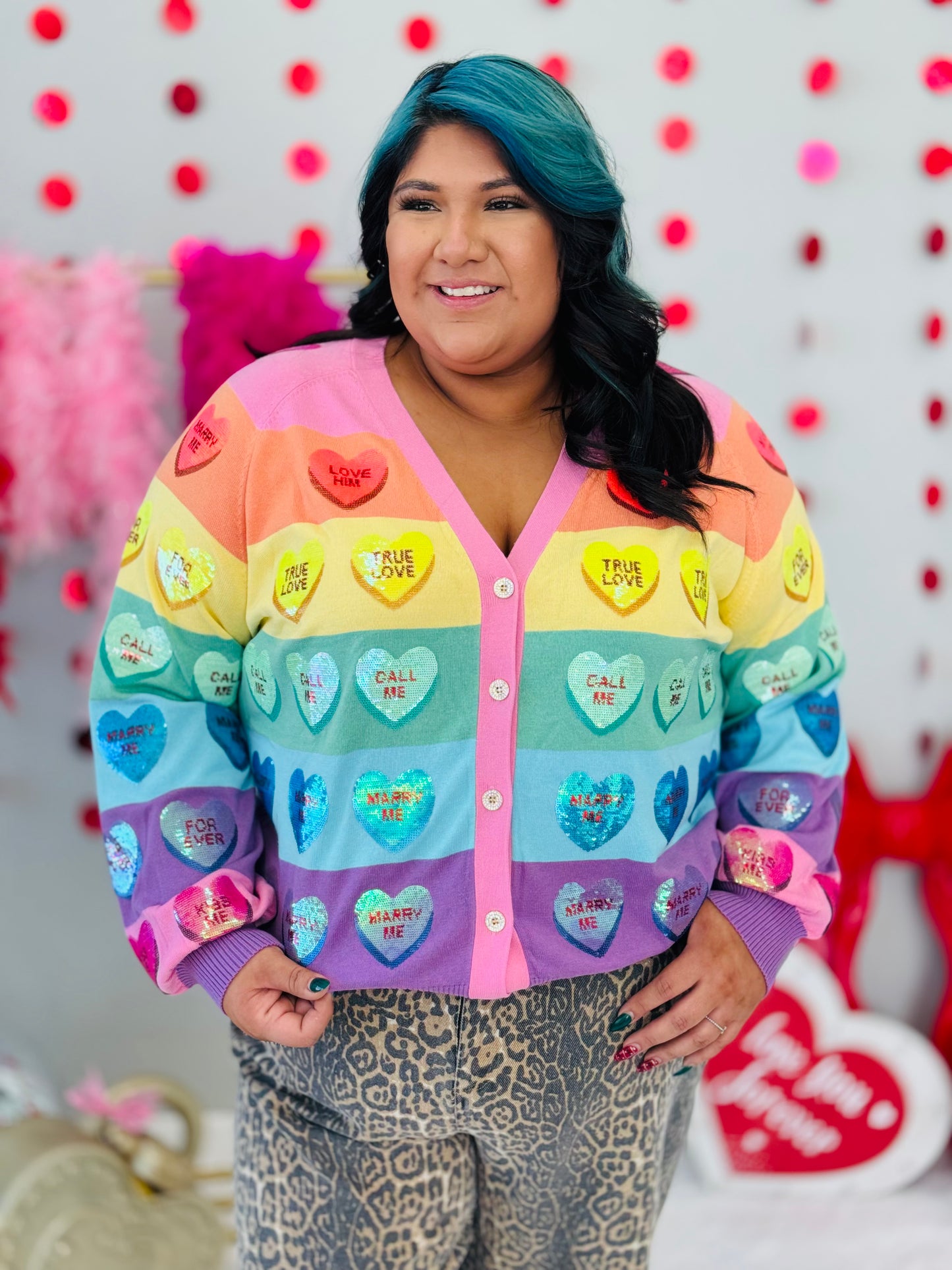 Queen Of Sparkles Rainbow Striped Heart Conversation Cardigan (Reg. and Plus)