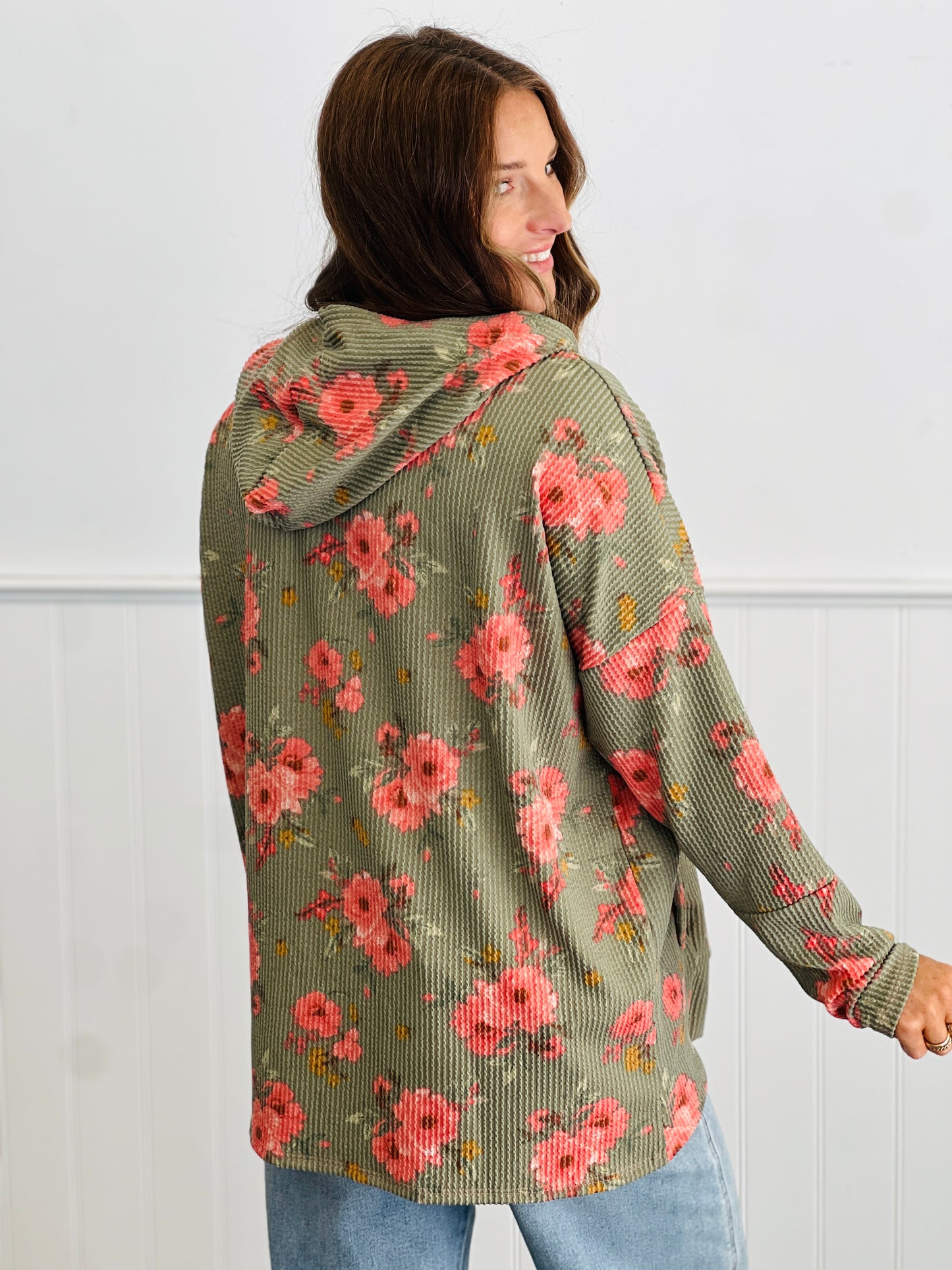 Olive Vintage Floral Ribbed Hoodie Top (Reg & Plus)
