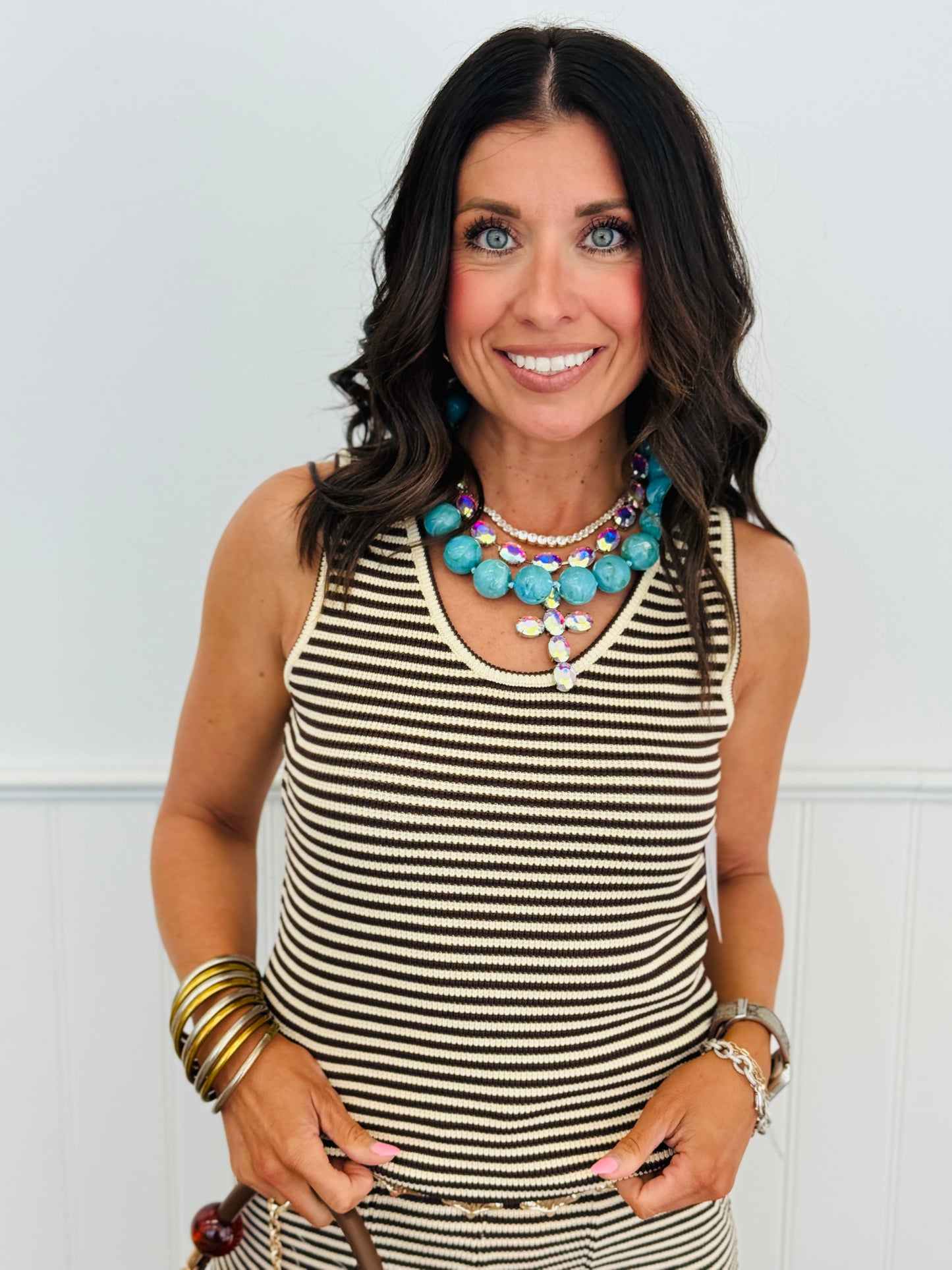 Mocha Striped Tank Top and Pant Set (Reg & Plus)