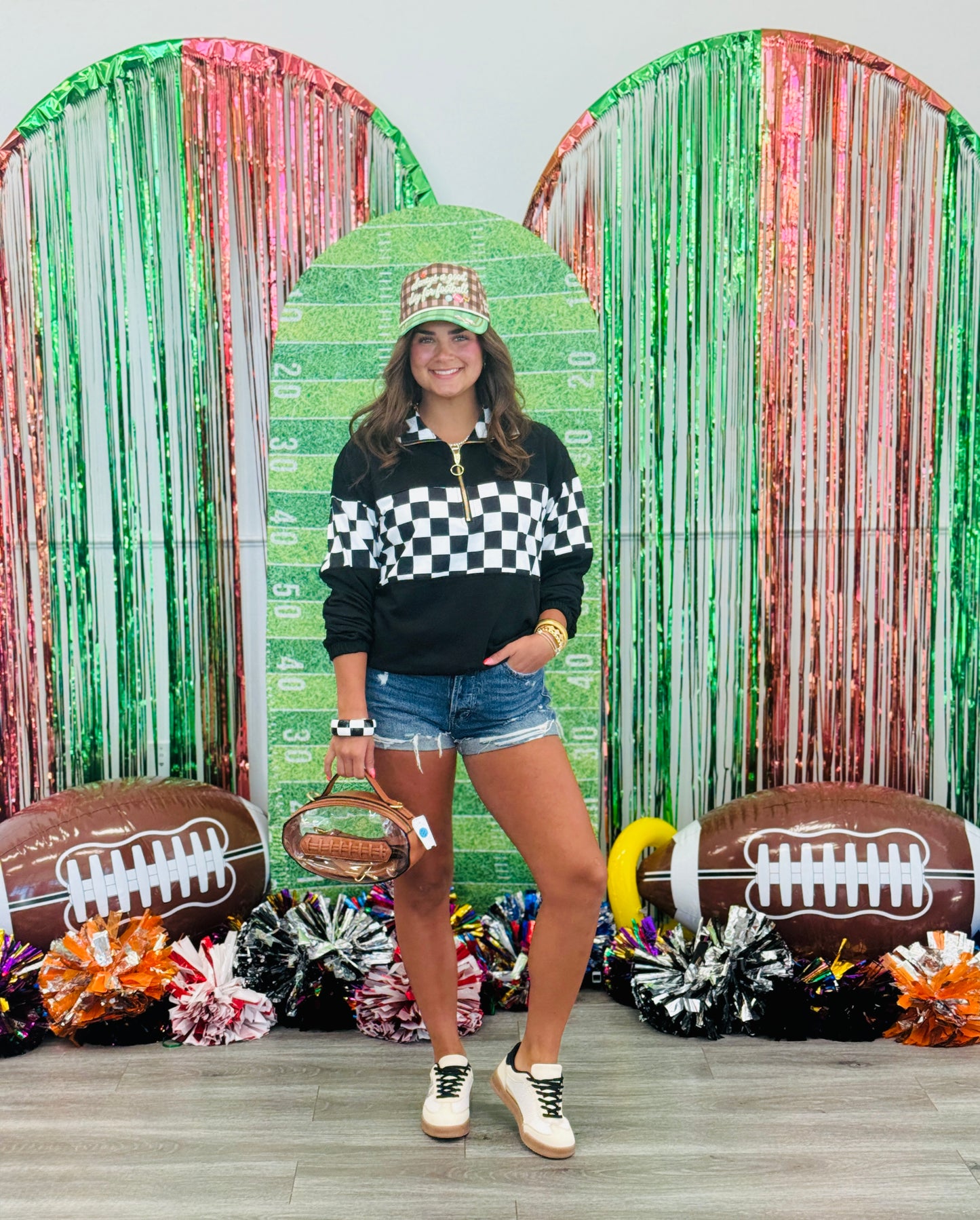 Black End Zone Checkered Pullover Top (Reg. and Plus)