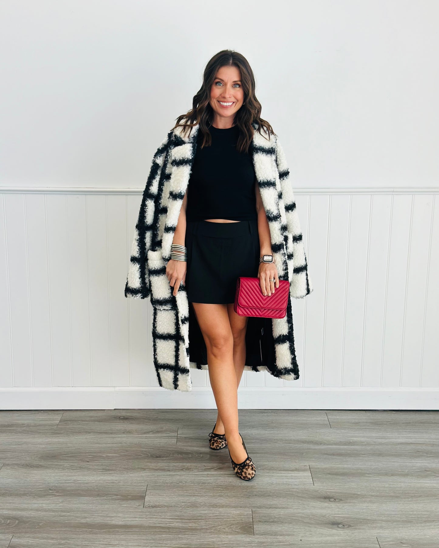 Black/White Oversized Plaid Longline Coat (Reg. and Plus)