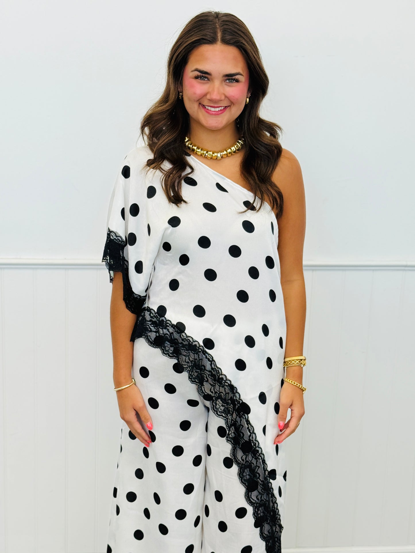 White Polka Dot Asymmetrical Top & Pants Set (Reg.)
