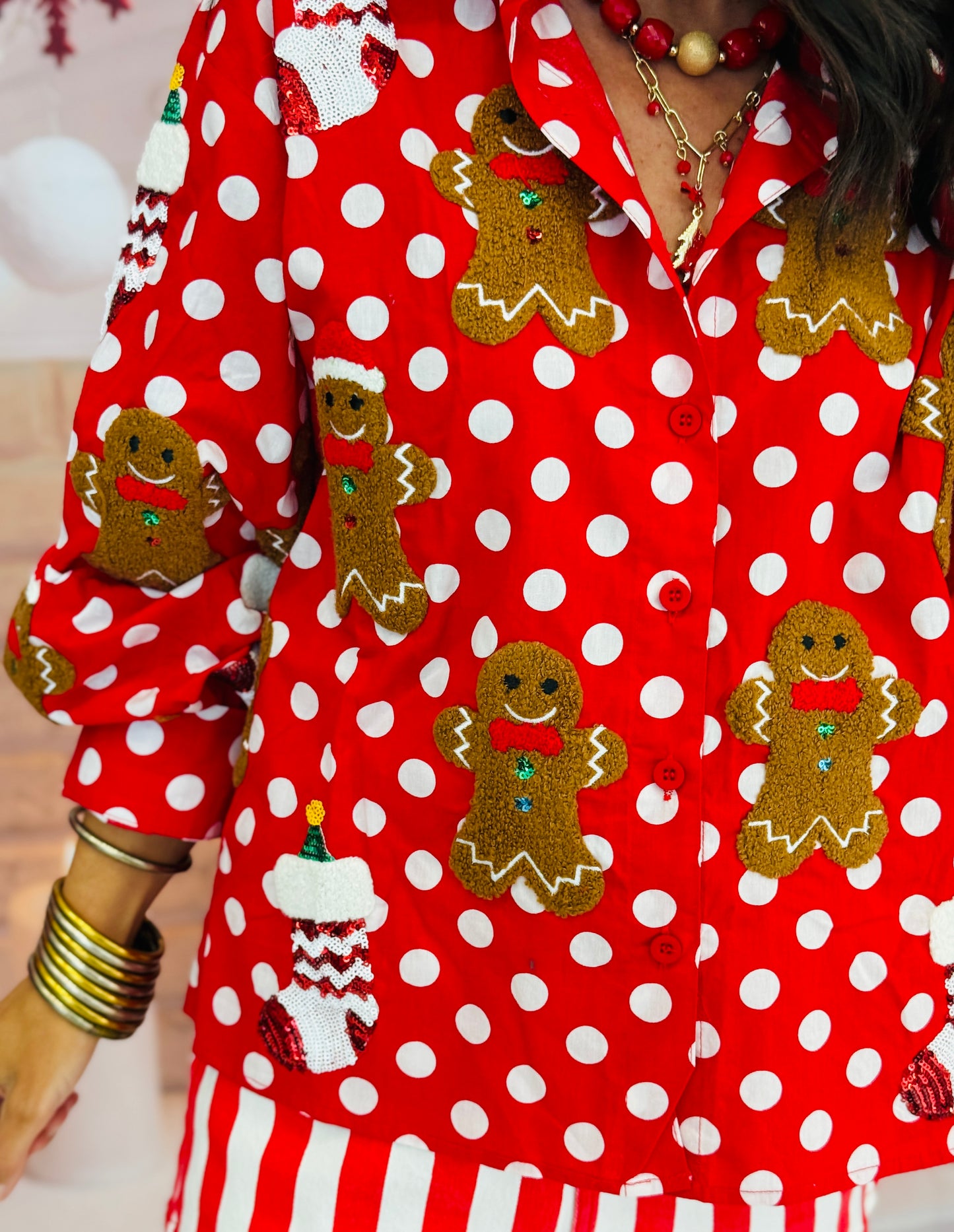Queen Of Sparkles Polka Dot Gingerbread Man & Stocking Top (Reg. & Plus)