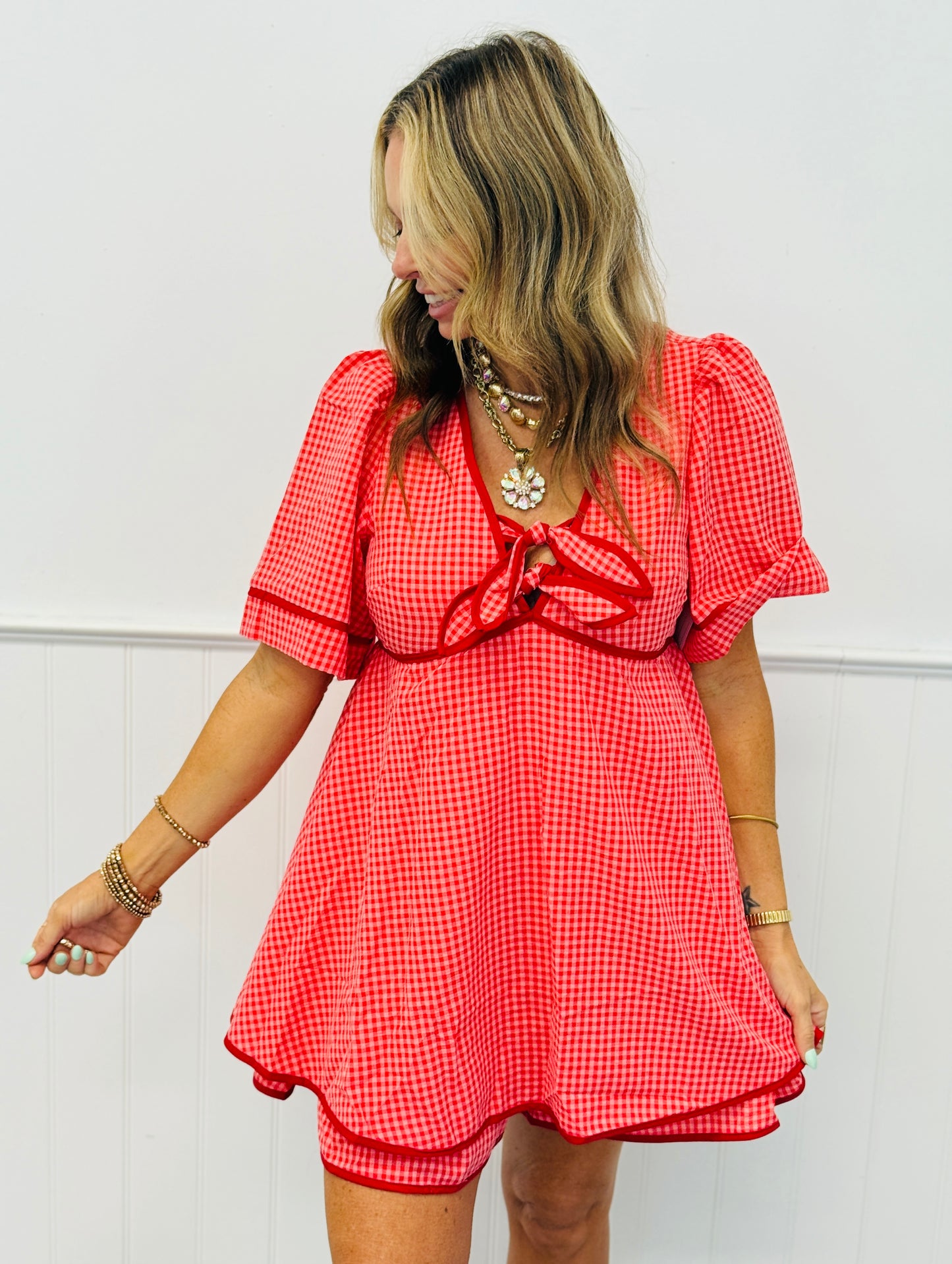 Red Gingham Seersucker Romper (Reg.)
