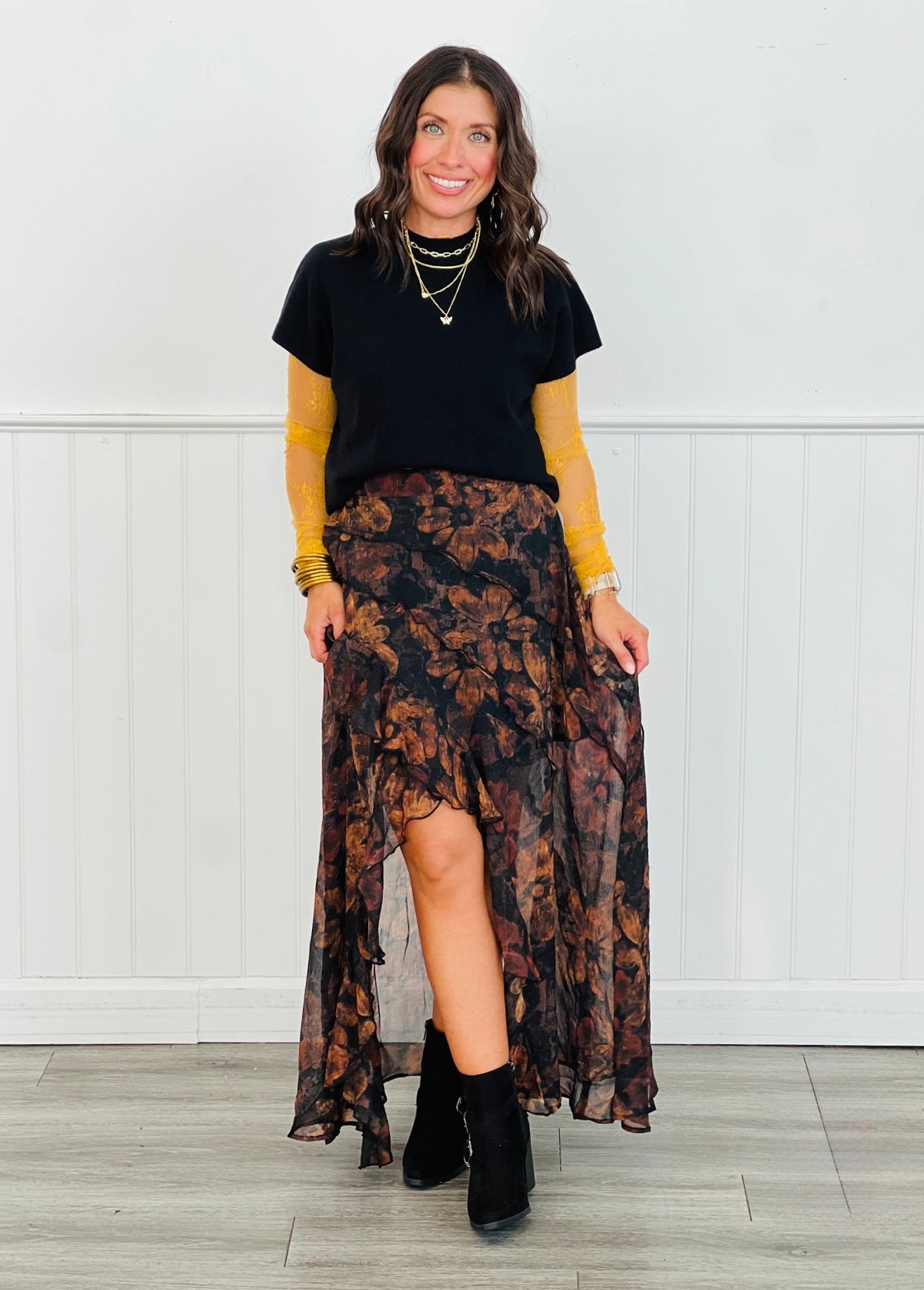 Black Floral Ruffle Midi Skirt (Reg. and Plus)