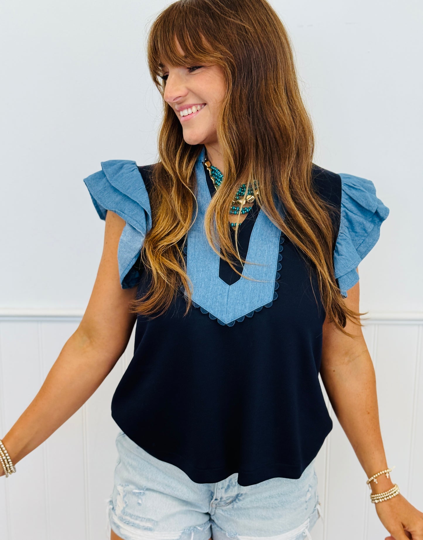 Denim Contrast Flare Sleeve Top (Reg.)-2 Colors