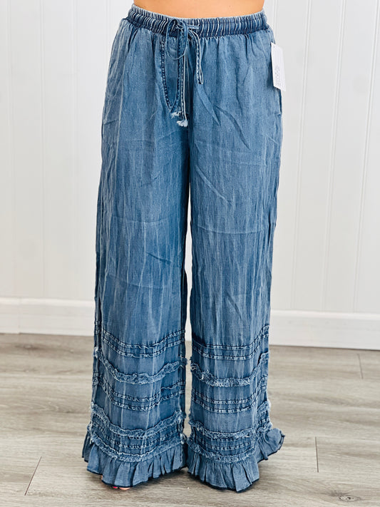 Denim Ruffle Palazzo Pants (Reg. and Plus)