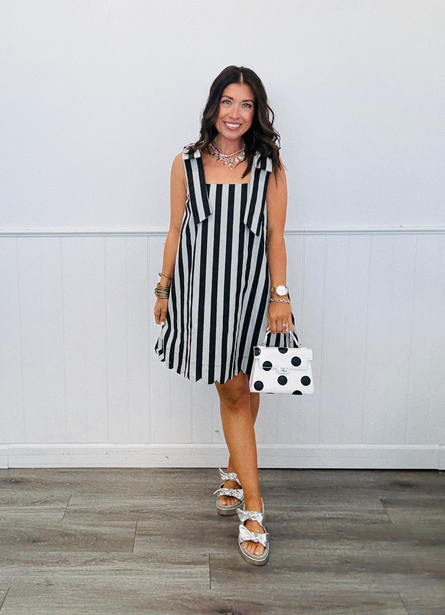 Black Striped Bow Shoulder Mini Dress (Reg.)