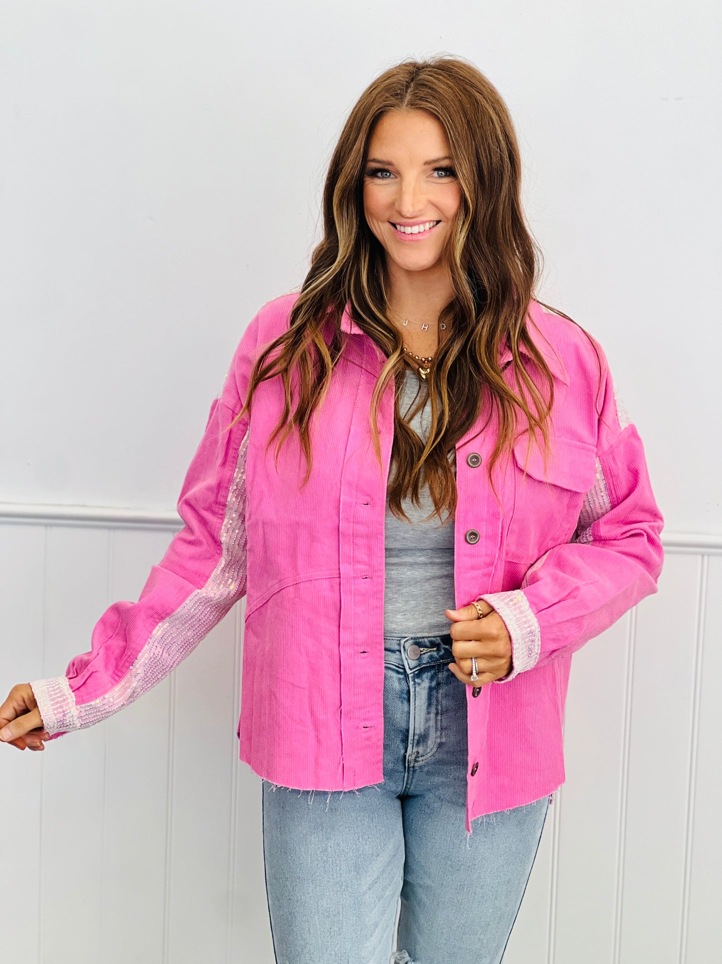Bubble Pink Sequin Corduroy Contrast Shacket (Reg.)
