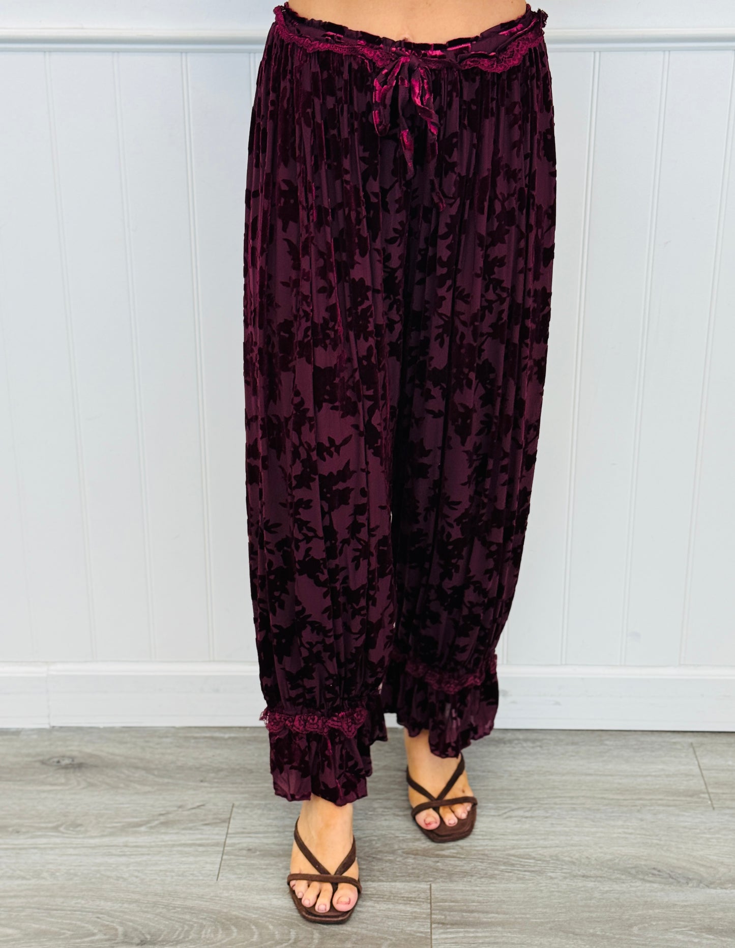 Burgundy Velvet Lace Trim Drawstring Pants (Reg.)
