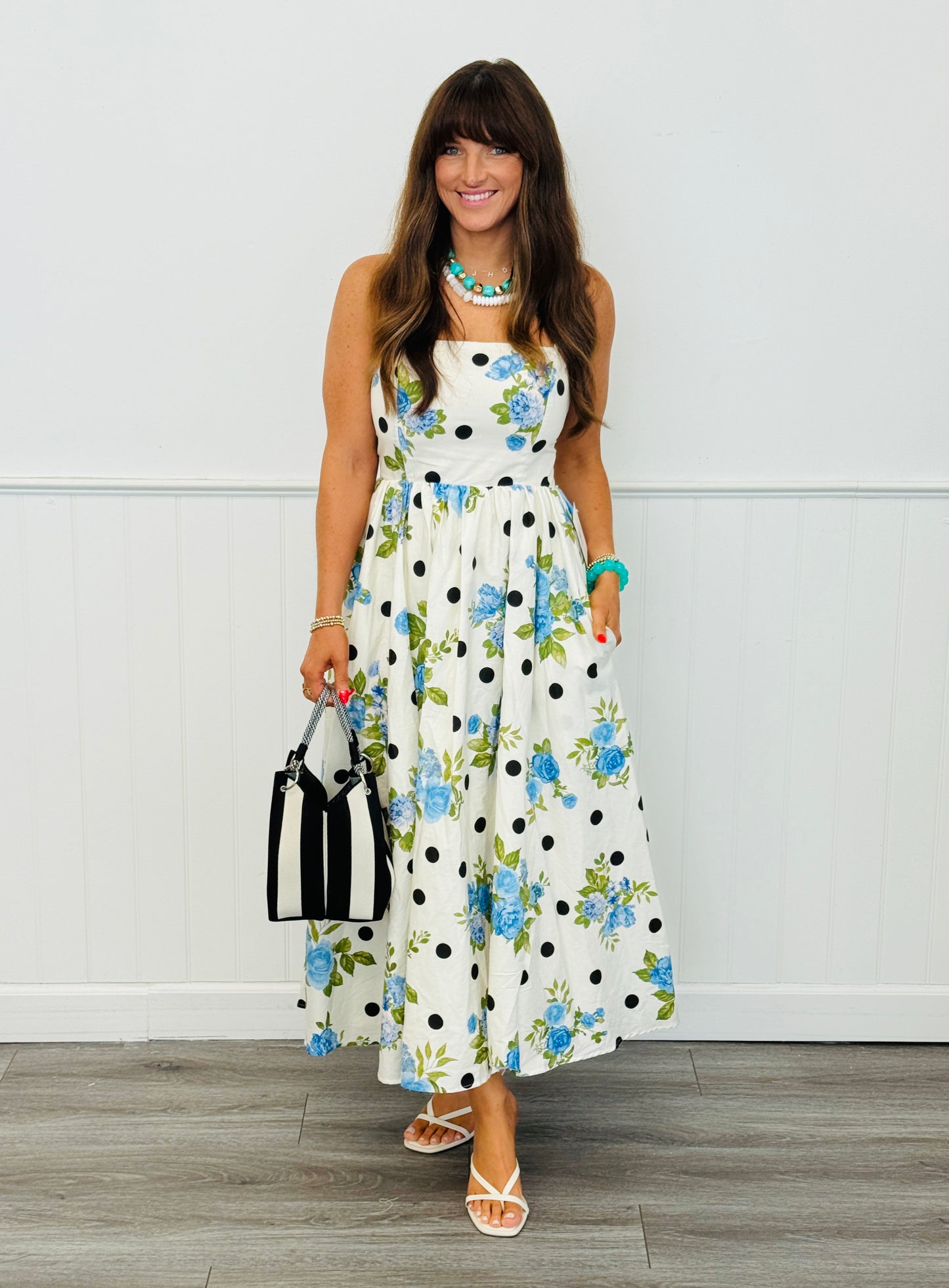 Off White Polka Dot & Floral Midi Dress (Reg.)