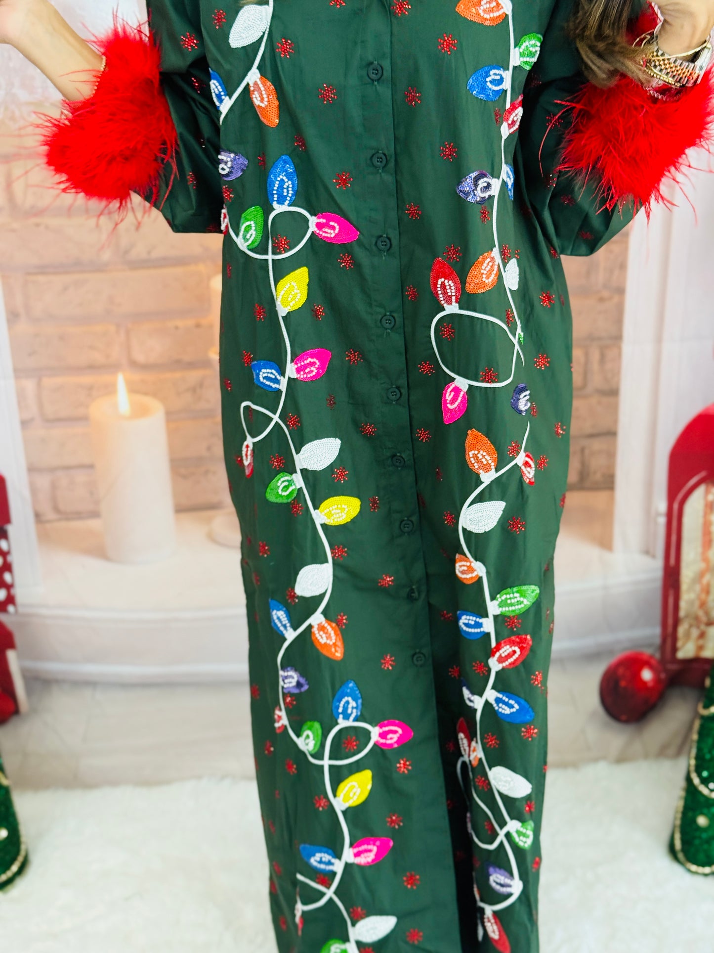 Queen Of Sparkles Dk Green Multi Christmas Lights Feather Trim Midi Dress (Reg. and Plus)