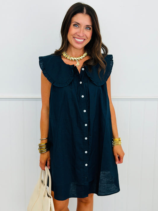 Midnight Sleeveless Button Down Mini Dress (Reg.)