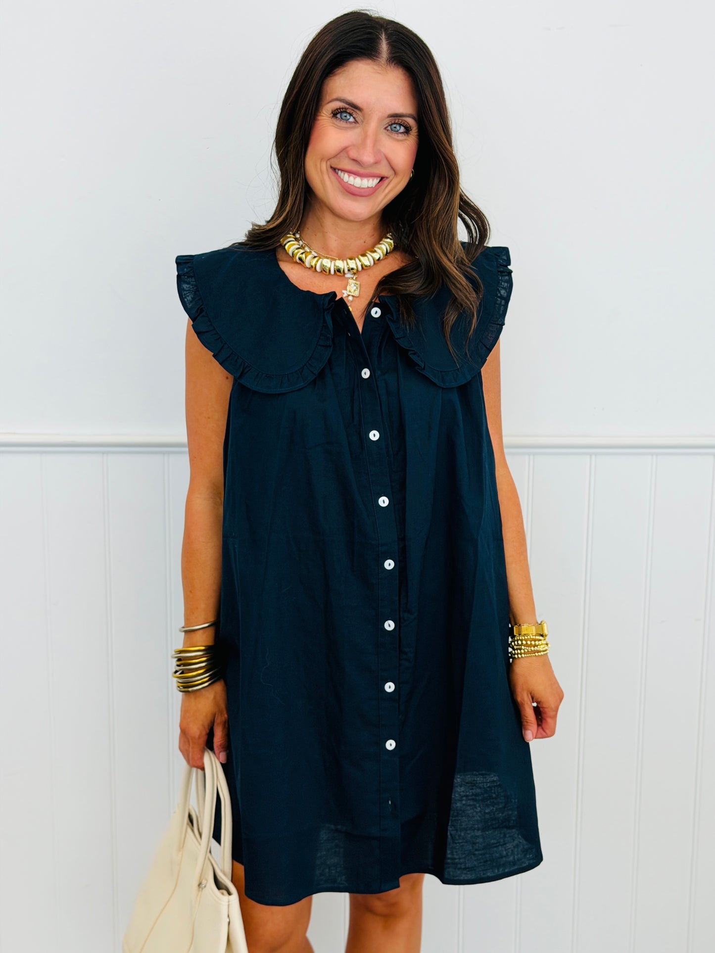 Midnight Sleeveless Button Down Mini Dress (Reg.)