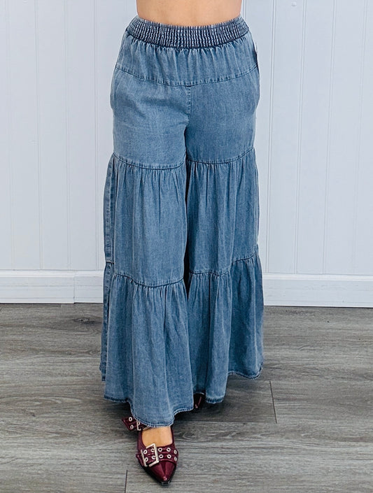 Denim Blue Smocked Waist Wide Leg Pants (Reg. and Plus)