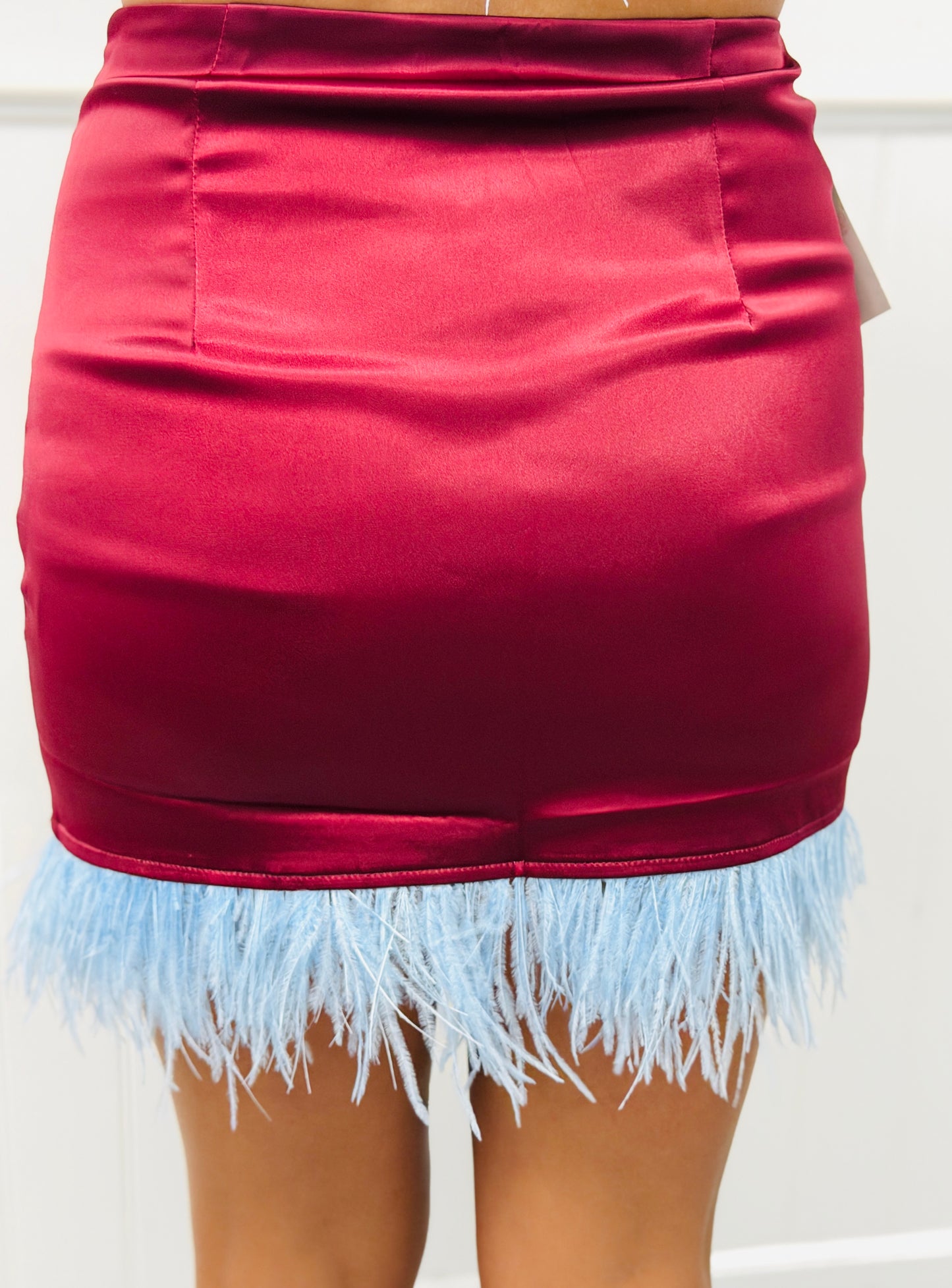 Burgundy Satin Feather Trim Mini Skirt (Reg.)