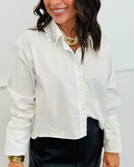 Off White Rhinestone Studded Collar Shirt (Reg.)