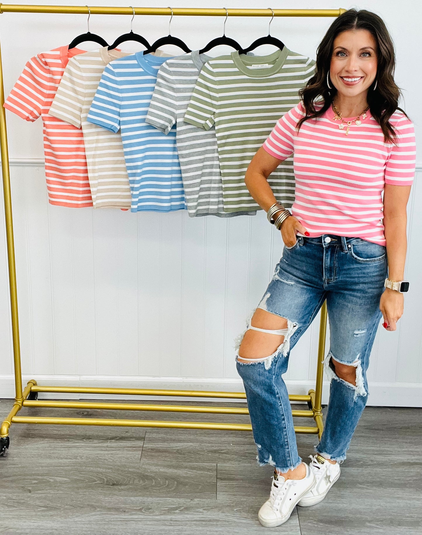 Striped Short Sleeve Sweater Top (Reg.) - 6 Colors