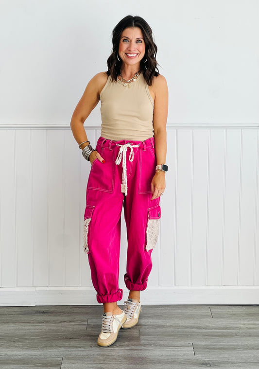 POL Punch Pink Crochet Pockets Pants (Reg.)