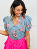 Floral Print Denim Puff Sleeve Shirt (Reg.)