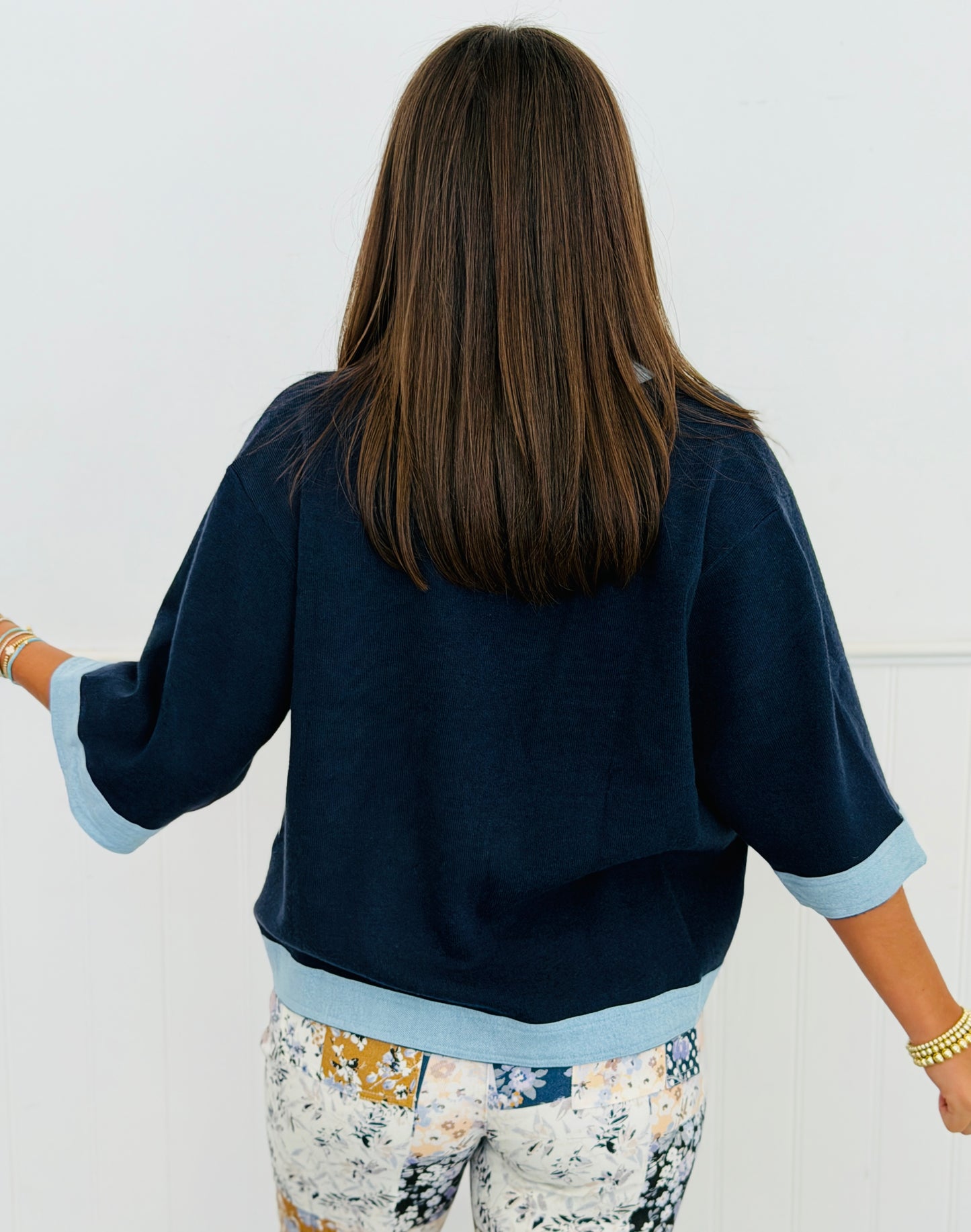 Navy Contrast Short Sleeve Button Up Top (Reg. and Plus)
