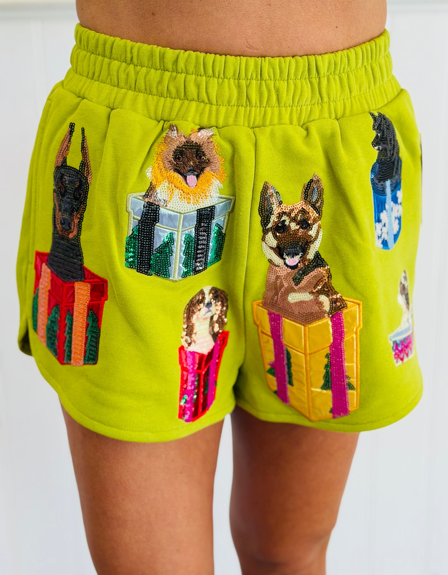 Queen Of Sparkles Green Dogs in Present Boxes Short (Reg. and Plus)