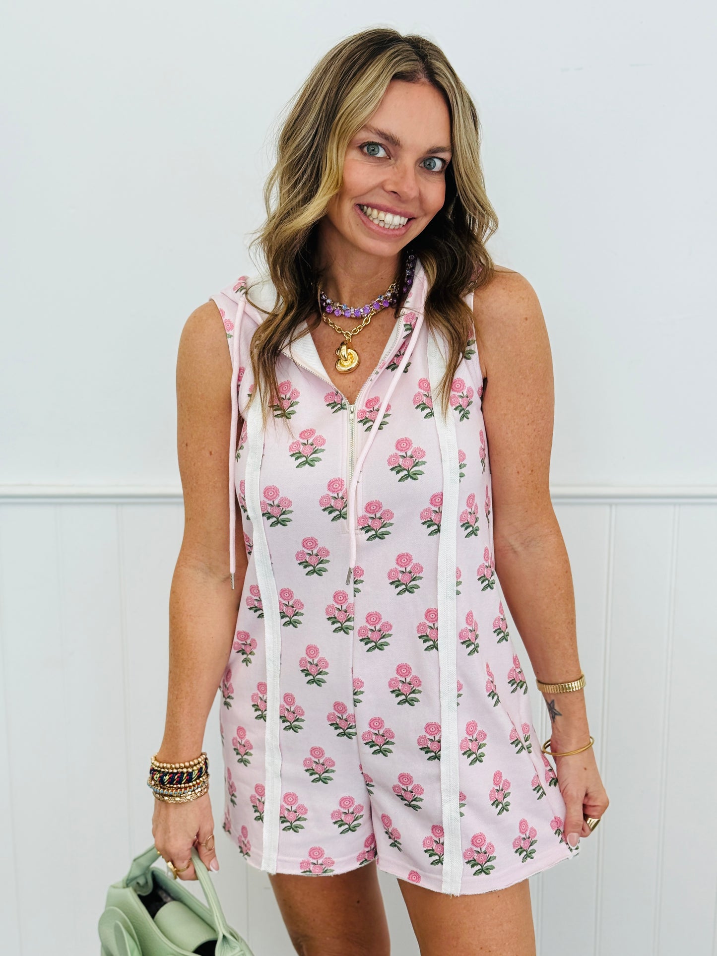 Pink Floral Zip Up Hoodie Romper (Reg.)