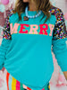 Turquoise Merry Sequin Sleeve Sweatshirt (Reg. and Plus)