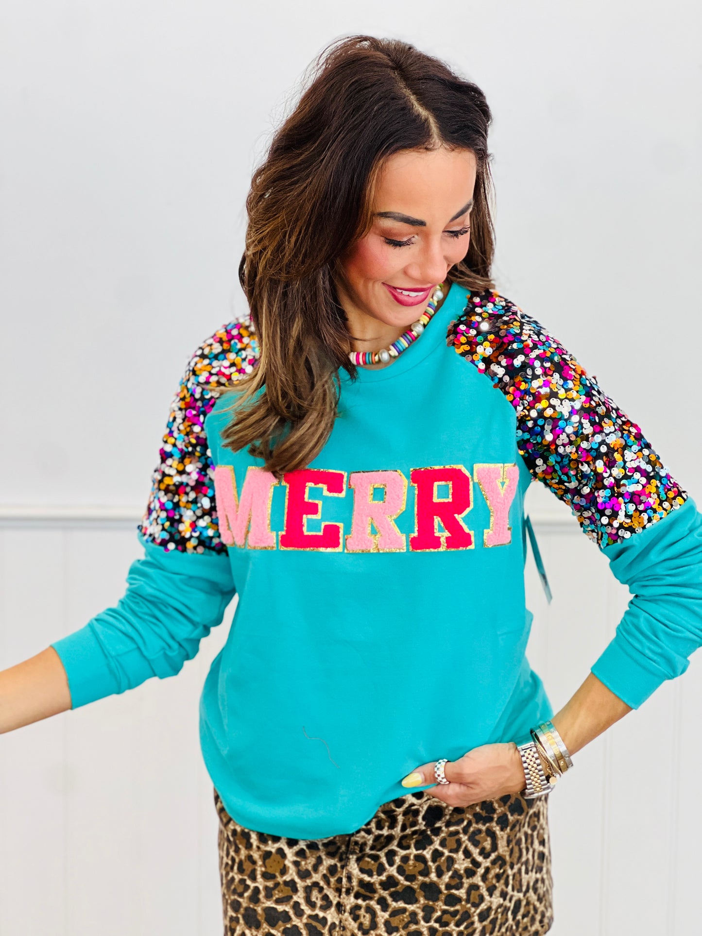 Turquoise Merry Sequin Sleeve Sweatshirt (Reg. and Plus)
