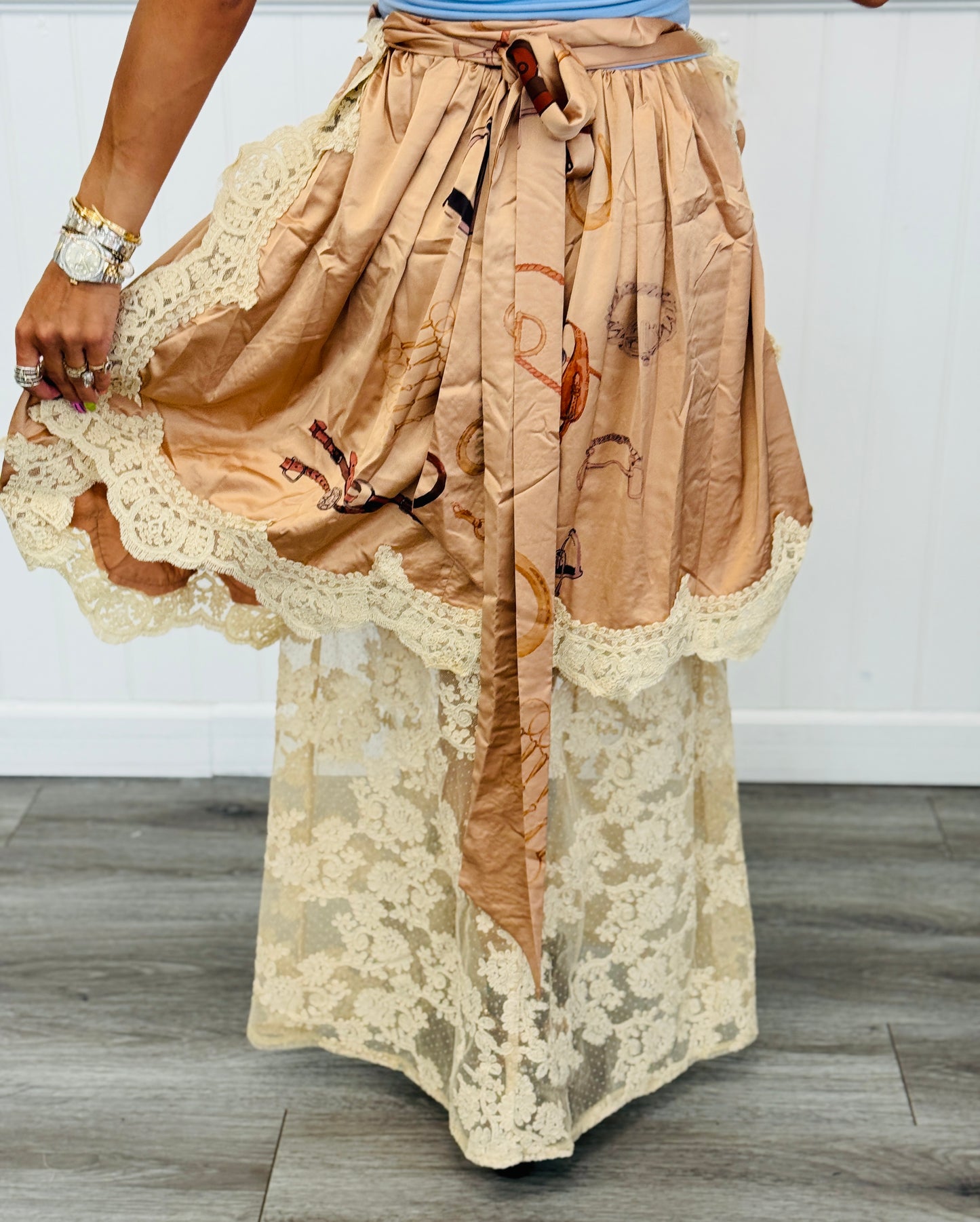 Golden Taupe Satin Wrap Drape Lace Skirt (Reg.)