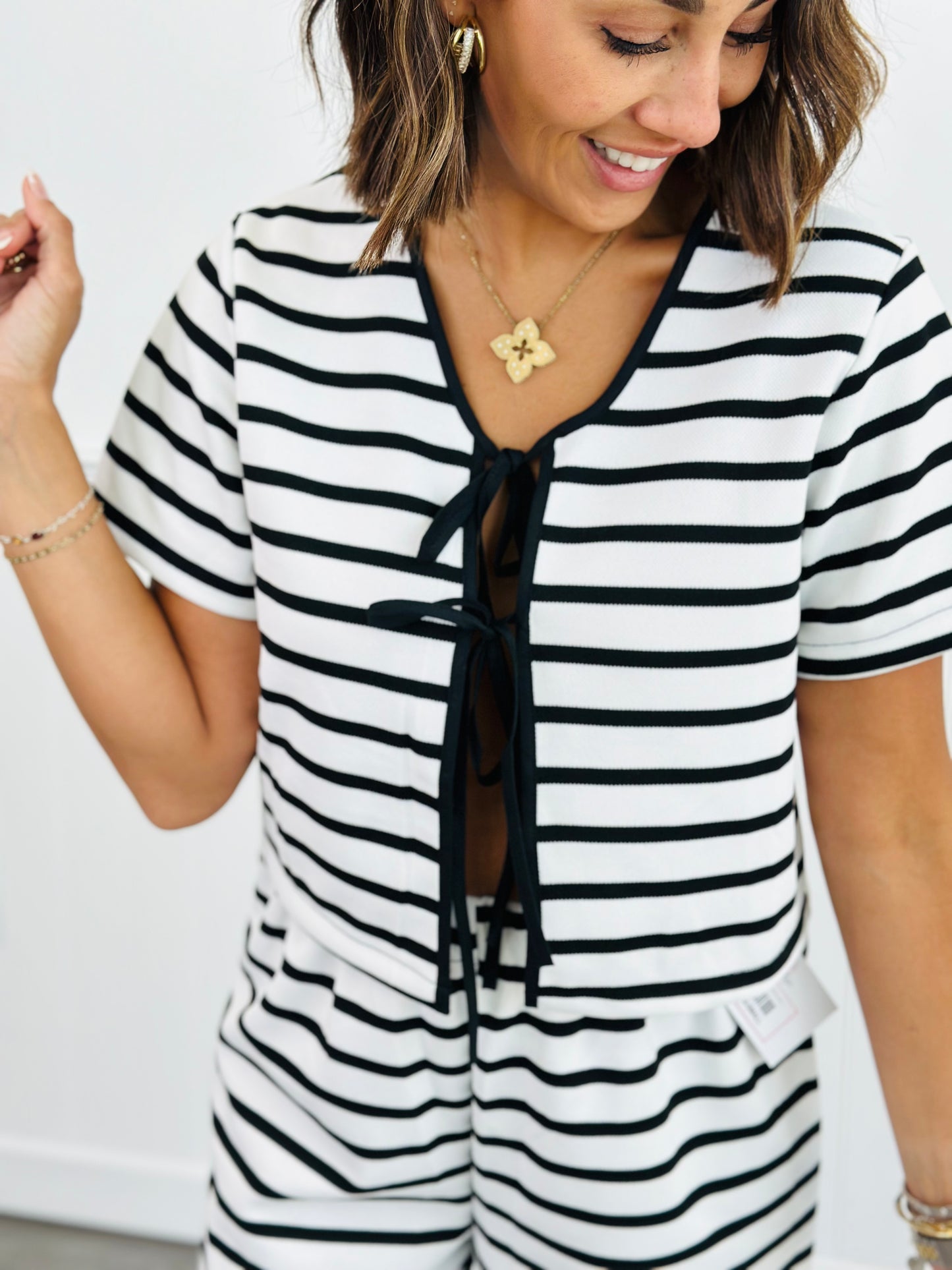 Black/White Striped Bow Front Top with Pants Set (Reg.)