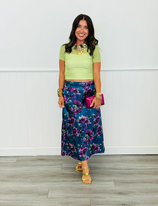 Cobalt Blue/Purple Floral Satin Midi Skirt (Reg. and Plus)